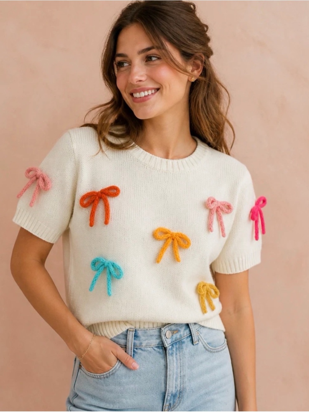 BiBi Cream Short-Sleeve Sweater with Colorful Bow Accents